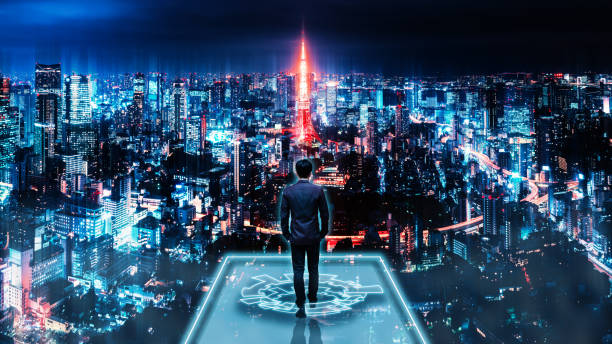 Business man on future network city Business technology concept, Professional business man walking on future network city background and futuristic interface graphic at night cyberpunk stock pictures, royalty-free photos & images