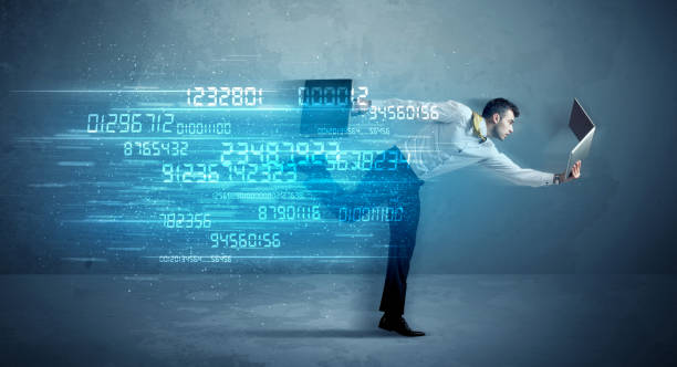 Business man running with device and data concept stock photo