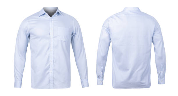Business or formal blue shirt, front and back view mock-up isolated on white background with clipping path Business or formal blue shirt, front and back view mock-up isolated on white background with clipping path. button down shirt stock pictures, royalty-free photos & images