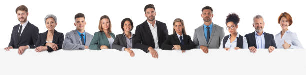 Business people holding a banner stock photo
