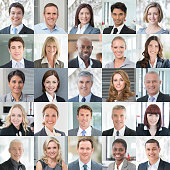 Headshot portraits of 25 different diverse business people smiling to camera.