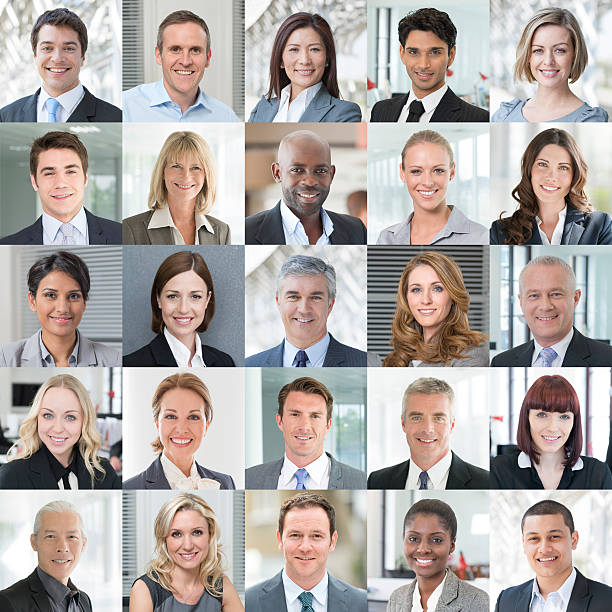 business people smiling - headshot portraits collage - bildserie bildbanksfoton och bilder