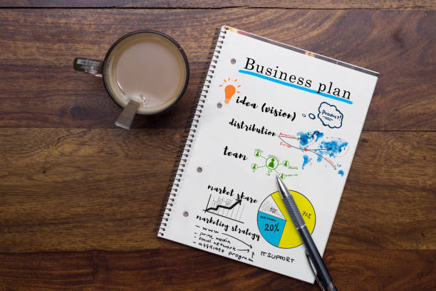 business plan notes on table stock photo