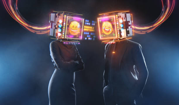 Business relations 3D render futuristic concept Business relations 3D render futuristic concept. Man and woman expressing emojis cyberpunk stock pictures, royalty-free photos & images
