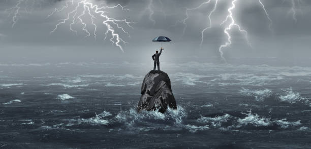 Business Umbrella Business umbrella held by a businessman in a storm with thunder and lightning as a corporate crisis metaphor for financial security or protection idea with 3D illustration elements. survival stock pictures, royalty-free photos & images