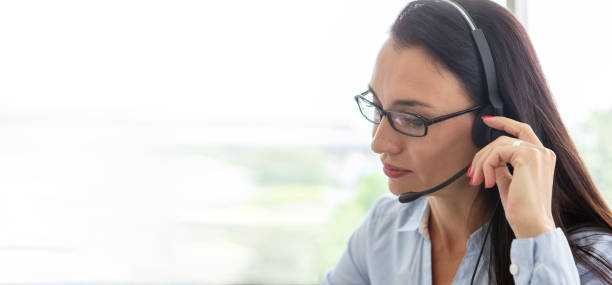 business woman call center and headset with copy space panorama banner . customer online service . operator. stock photo