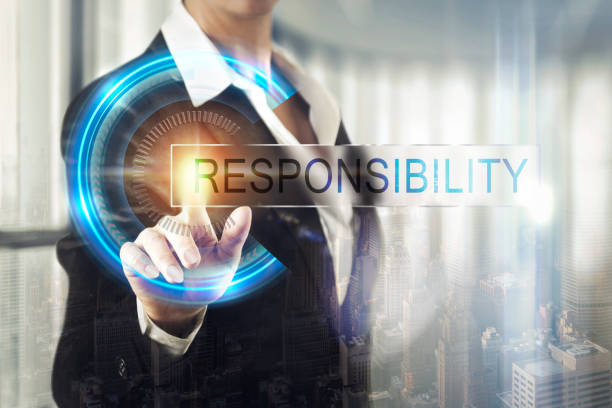 Business women touching the responsibility screen Business women touching the responsibility screen responsibility stock pictures, royalty-free photos & images