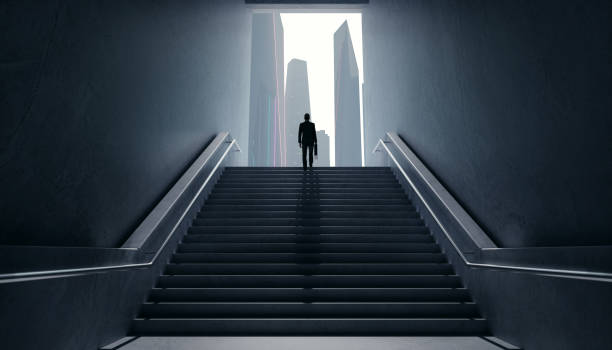 Businessman climbing stairs. Ambitions concept . Businessman climbing stairs from underground upward to modern urban city. Ambitions concept. 3d rendering business Malaysia stock pictures, royalty-free photos & images