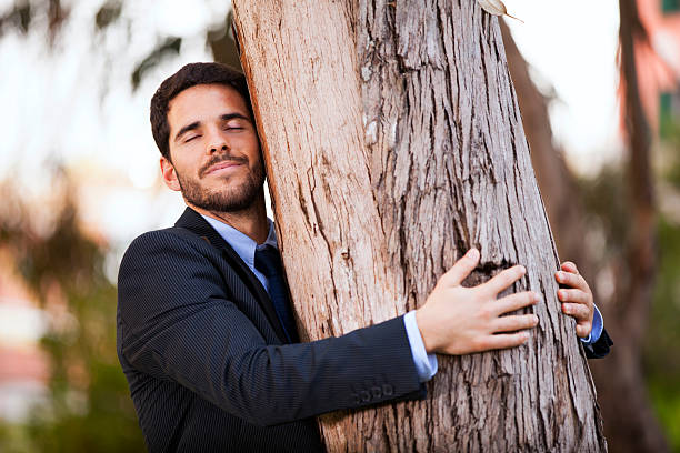 Businessman embrace a tree trunk stock photo