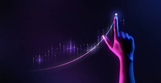 businessman hand pointing finger to growth success finance business chart of metaverse technology financial graph investment diagram on analysis stock market background with digital economy exchange. - metaverse stok fotoğraflar ve resimler