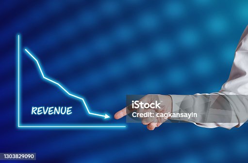 istock Businessman hand points to the word revenue with a decreasing chart or graph. 1303829090