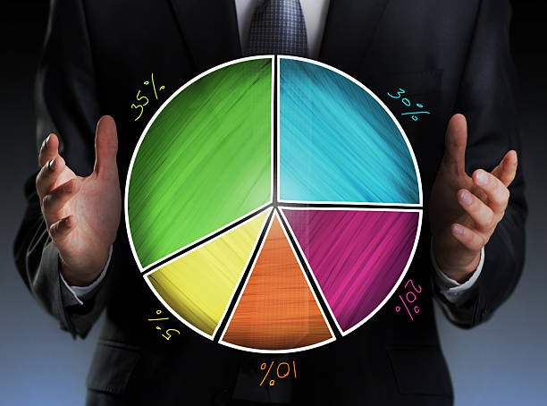 Businessman holding a colorful pie chart stock photo