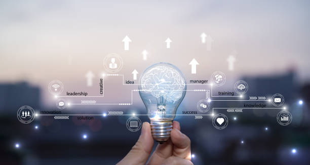Businessman holding light bulb, abstract brain and icon digital marketing, strategy and growtn investment business target goal, media and technology. stock photo