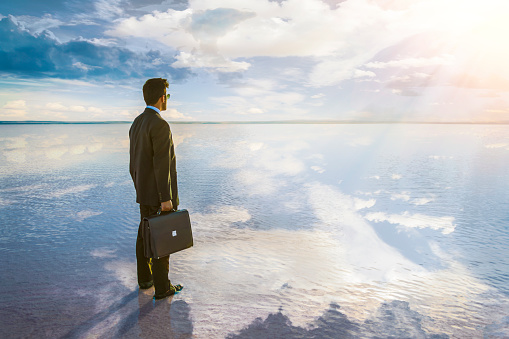 Businessman looking to the future over the ocean