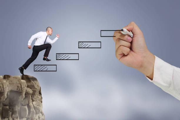Businessman running climbing stair for successful career achievement with help of big leader hand Personal development concept. Future success. first step. Businessman running climbing stair for successful career achievement with help of big leader hand, development growth progress vision future Goal achievement stock pictures, royalty-free photos & images