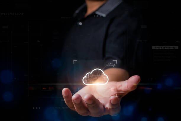 Businessman showing Cloud computing Concept. Futuristic Technology Digital Data Analysis. Big Data Transmission Connection Abstract Background stock photo