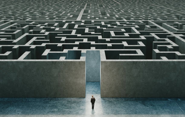 Businessman standing in front of the entrance to the maze. Solution concept. 3d rendering stock photo