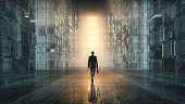 Businessman walking in dark futuristic city. This is entirely 3D generated image.