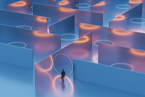 Businessman walking into mysterious maze, 3D generated image.