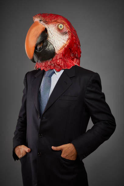Uomo d'affari che indossa una bizzarra maschera da pappagallo.