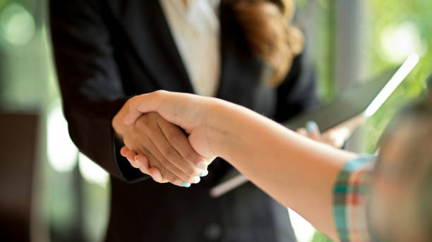 Businesswoman handshake with company client, dealing negotiations stock photo