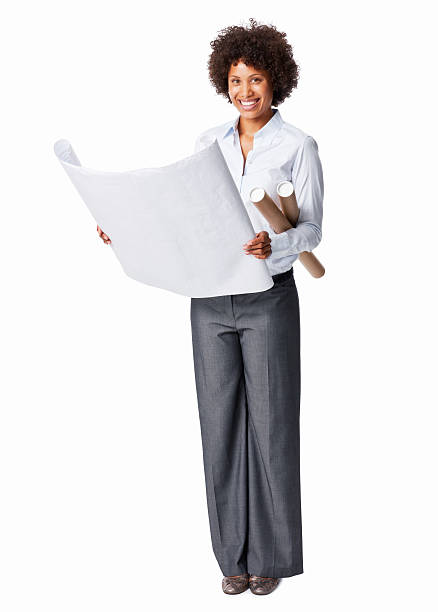 Businesswoman Holding Blueprints stock photo