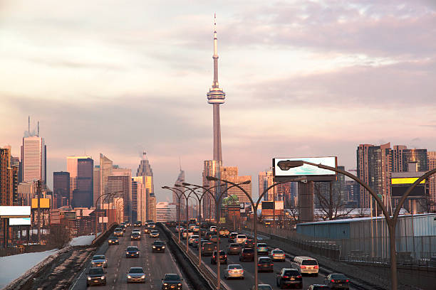 Busy highway to Toronto Downtown. Toronto, Ontario, Canada stock photo
