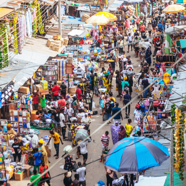 Busy market street in Lagos, Nigeria, West Africa stock photo