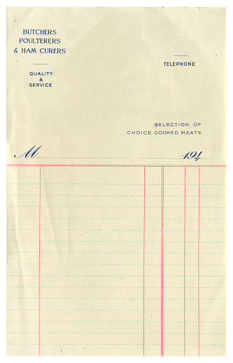 A bill head from a British butcher’s shop in the 1940s, with identifying details removed.