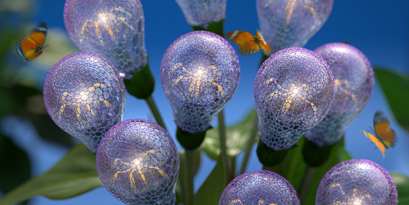 A conceptual image of a bunch of light bulbs growing from a plant with three butterflies in mid motion. Shot with selective focus. The elements of the bulb are slightly glowing.