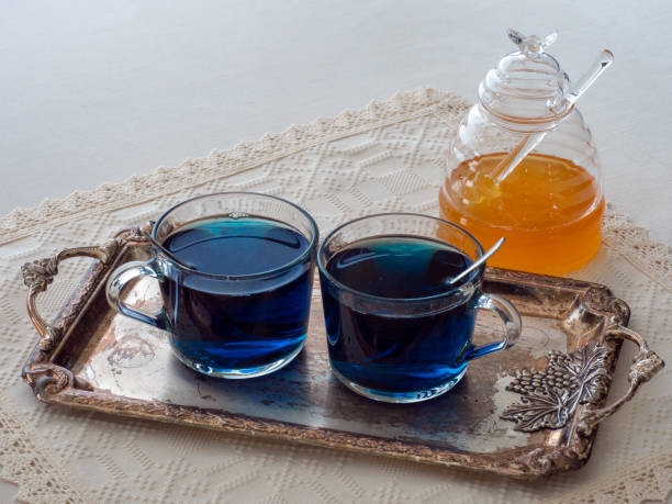 Butterfly pea flower tea (Clitoria Ternatea) has a deep blue color due to the high level of anthocyanin antioxidants stock photo