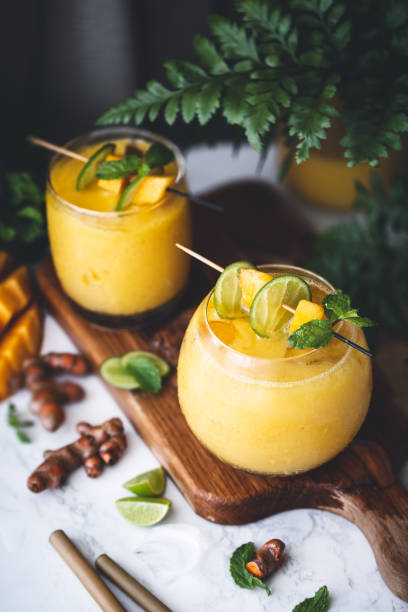 Buttermilk Mango and turmeric, Indian beverage stock photo