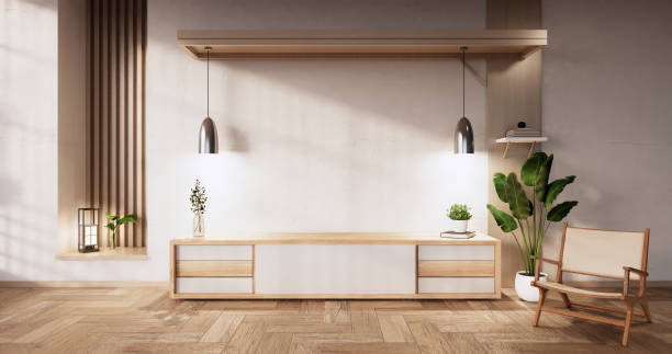 Cabinet wooden design on modern room japanese.3D rendering stock photo