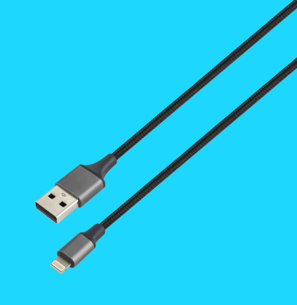 cable with USB and Lightning connector, on a blue background stock photo