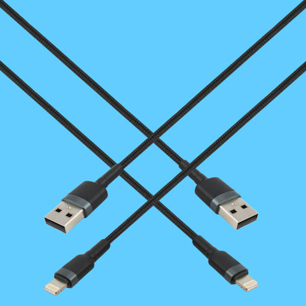 Cable with USB connector, and Lightning, on a blue background stock photo