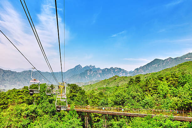 Cableway on the rise on the Great Wall. Section "Mutianyu". Cableway (aerial ropeway) on the rise on the Great Wall. Section "Mutianyu". mutianyu stock pictures, royalty-free photos & images