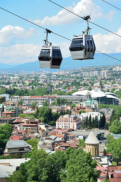 Cabs cable car on the background of Tbilisi. Funicular. Georgia stock photo