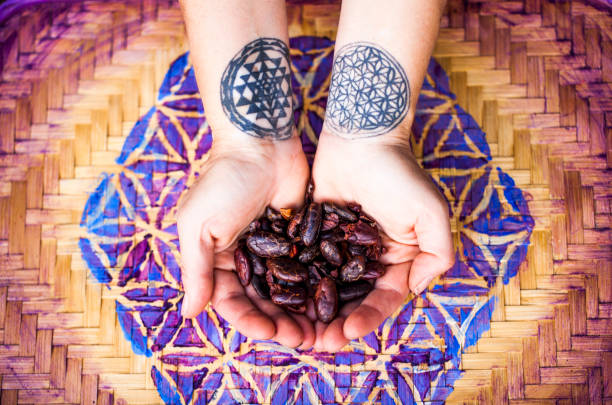 Cacao Beans: Super Food Raw Chocolate  sacred geometry stock pictures, royalty-free photos & images