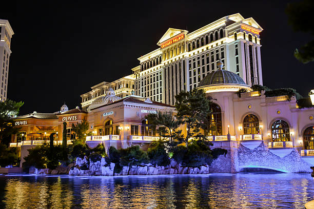 Caesars Palace in Las Vegas, Nevada Las Vegas, Nevada, USA - September 22, 2015: Night time view of the neon illuminations of Caesars Casino in Nevada.  caesars palace las vegas stock pictures, royalty-free photos & images