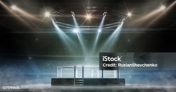 istock MMA cage night. Fighting Championship. Fight night. View of the arena by spotlights. Full tribune. 3D rendering 1271791405