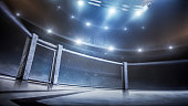 istock MMA cage. Side scene view under lights. Fighting Championship. Fight night. MMA octagon. 3D rendering 1330435912
