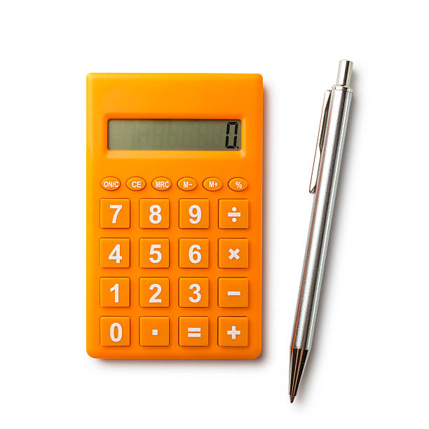 Calculator and pen with path stock photo