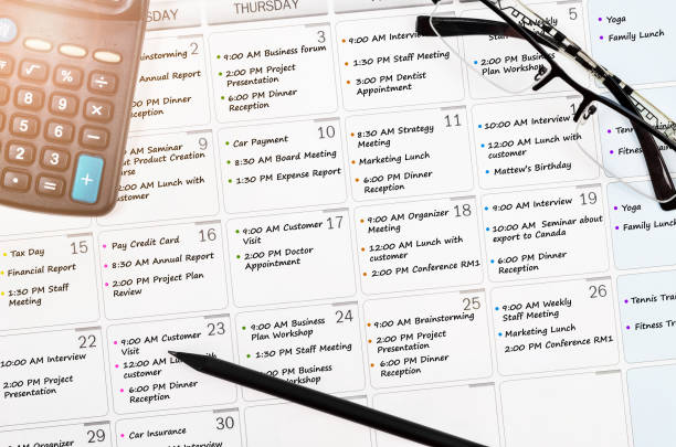 calendar appointment with busy day overworked calendar appointment with busy day overworked schedule with calculator. full stock pictures, royalty-free photos & images