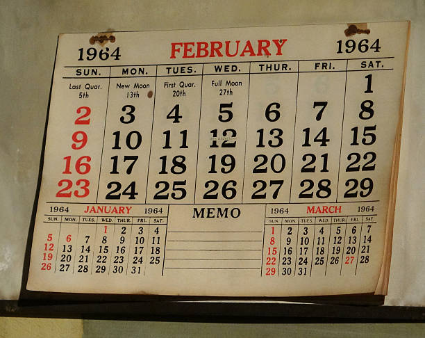 Calendar page from February 1964 Unmarked calendar page from February 1964. 1964 stock pictures, royalty-free photos & images