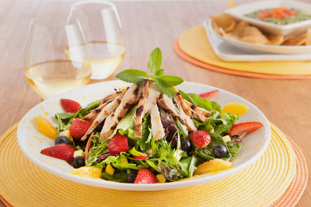 California Chicken Fruit Salad freshly made chicken and fruit salad chicken salad stock pictures, royalty-free photos & images