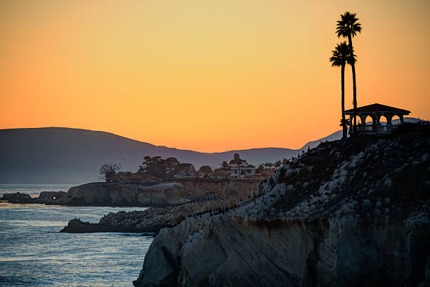 California Coast appartments, cliffs and palm trees at Sunset stock photo