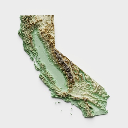 3D render of a topographic map of the California state. All source data is in the public domain. SRTM data courtesy of the U.S. Geological Survey (https://search.earthdata.nasa.gov/search/granules?p=C1000000240-LPDAAC_ECS&pg[0][v]=f&pg[0][gsk]=-start_date&q=srtm%201%20arc&tl=1640787673!3!!&m=11.7421875!-80.859375!2!1!0!0%2C2). Map rendered using QGIS and Blender software.
