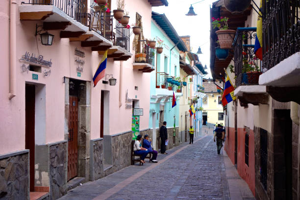 Calle de la Ronda, a charming colonial street in the historic center of Quito, Ecuador stock photo