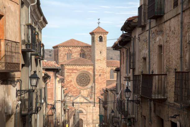 Calle Mayor Street and Cathedral Church in Siguenza stock photo