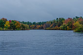 Bold autumn colors  stand out as the leaves turn  on the trees surrounding a lake on a rainy day.